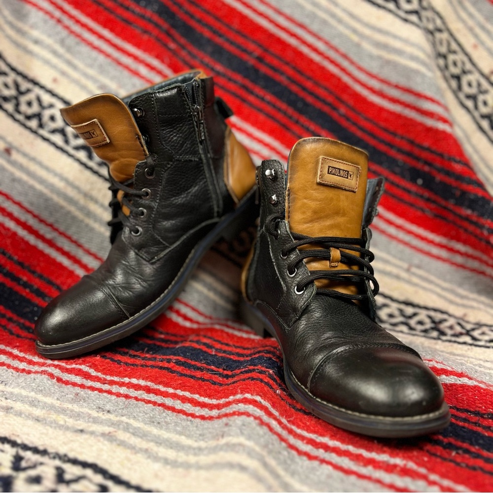 Pikolinos Men's Black and Tan Leather Boots Size 43.